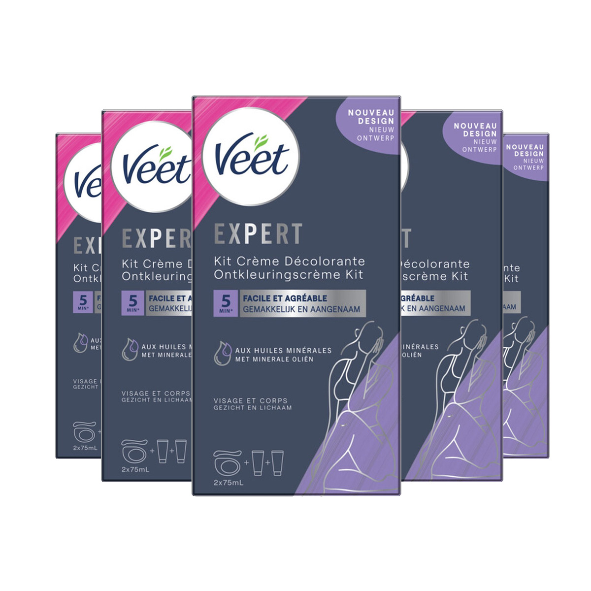 Veet - Veet Set Voor Haarontkleuring - Gezicht en Lichaam - Normale Huid - 2x75ml - 5 stuks - voordeelverpakking - Default