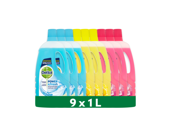Dettol - 9L Allesreiniger Power & Fresh - Katoenfris 3x1L - Citrus 3x1L - Kersenbloesem 3x1L - Voordeelverpakking