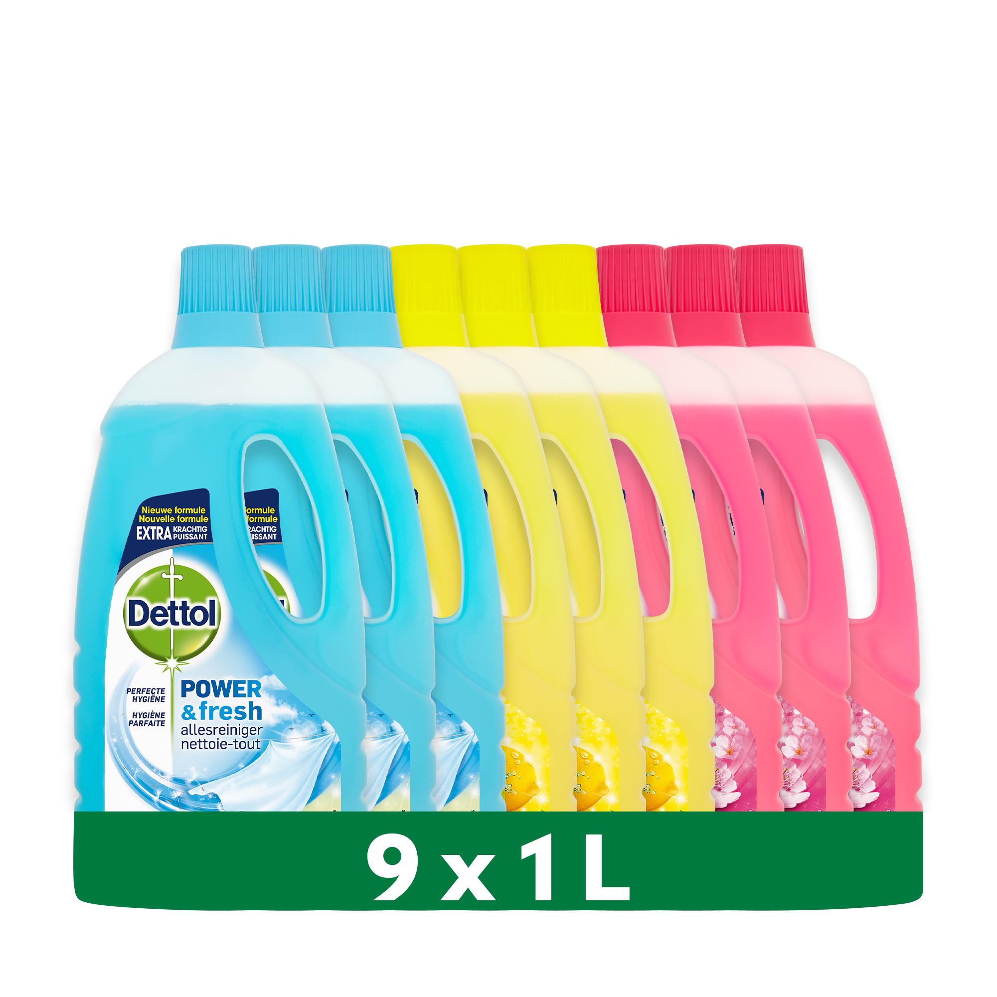 Dettol - 9L Allesreiniger Power & Fresh - Katoenfris 3x1L - Citrus 3x1L - Kersenbloesem 3x1L - Voordeelverpakking