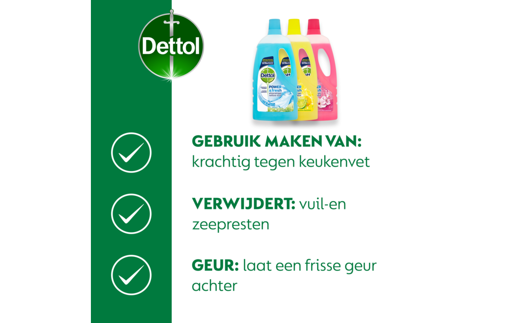 Dettol - 9L Allesreiniger Power & Fresh - Katoenfris 3x1L - Citrus 3x1L - Kersenbloesem 3x1L - Voordeelverpakking