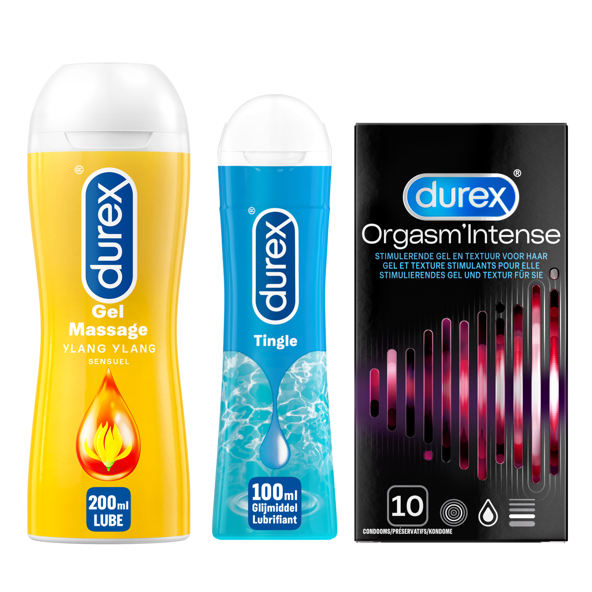 Durex - Play Massage 2/1 Sensitive 200ML - Play Tingle Glijmiddel 100ML - Condooms Orgasm Intense Stimulerende Gel 10st