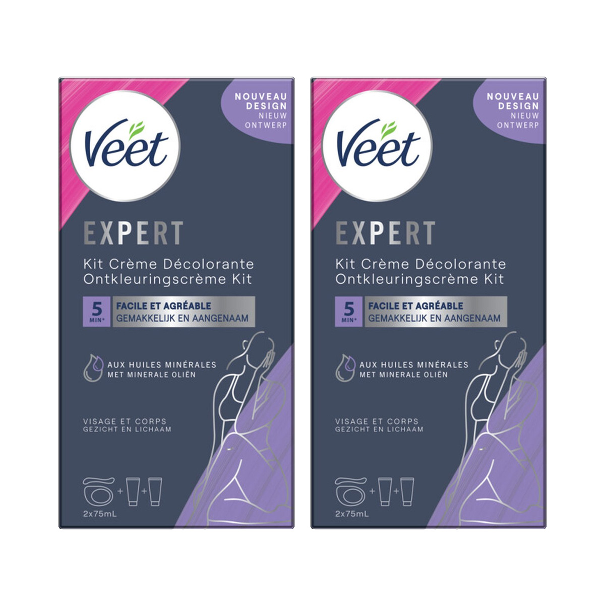 Veet Set Voor Haarontkleuring - Gezicht en Lichaam - Normale Huid - 2x75ml - 2 stuks - voordeelverpakking
