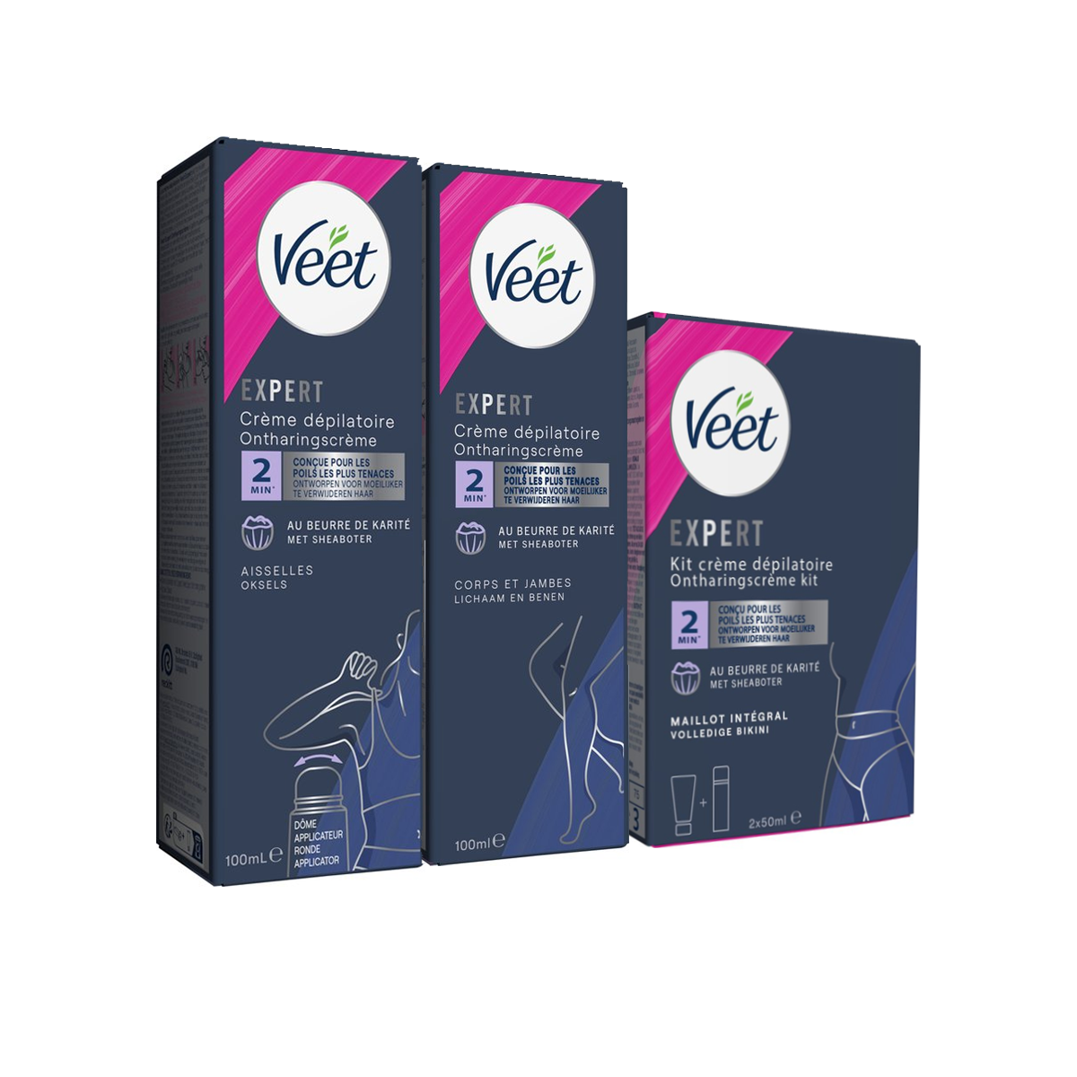 Veet - Expert - Alle huidtypes - Ontharingscreme met sheaboter Benen 100ml - Ontharingscrememet sheaboter  Oksels 100ml - Ontharingscreme Bikini Kit 100ml (2 x 50ml)