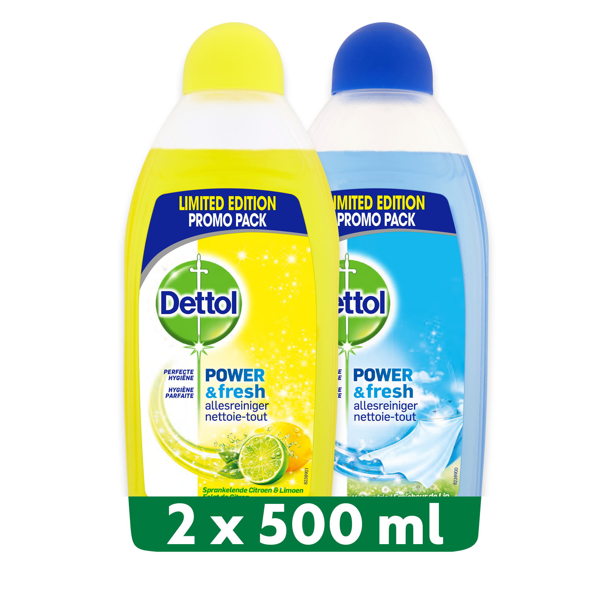 Dettol - 1L Allesreiniger Power & Fresh - Citrus 1x500ml - Katoenfris 1x500ml - Voordeelverpakking