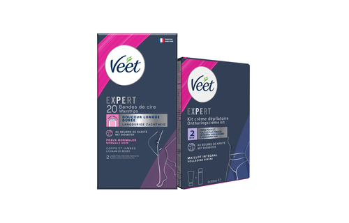 Veet - Expert - Alle huidtypes - Ontharingsstrips Benen (Normal) 20st - Ontharingscreme met sheaboter Bikini Kit 100ml (2 x 50ml)
