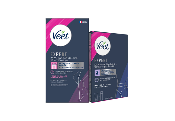 Veet - Expert - Alle huidtypes - Ontharingsstrips Benen (Normal) 20st - Ontharingscreme met sheaboter Bikini Kit 100ml (2 x 50ml)