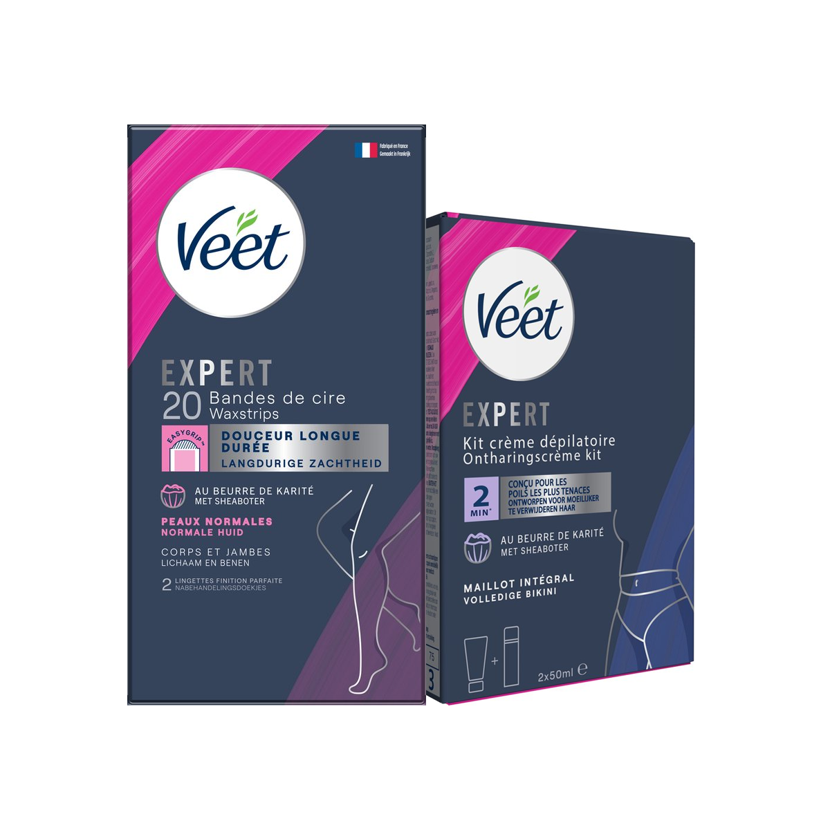 Veet - Expert - Alle huidtypes - Ontharingsstrips Benen (Normal) 20st - Ontharingscreme met sheaboter Bikini Kit 100ml (2 x 50ml)
