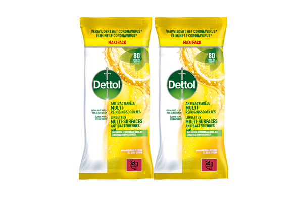 BE - Dettol Lingettes Antibactériennes Multi-surfaces Éclat de Citron - 80 x2