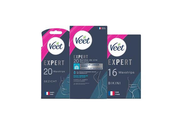 Veet - Expert - Gevoelige huid - Ontharingsstrips Benen (sensitive) 20st - Ontharingsstrips Bikini 16st - Ontharingsstrips Gezicht 20st