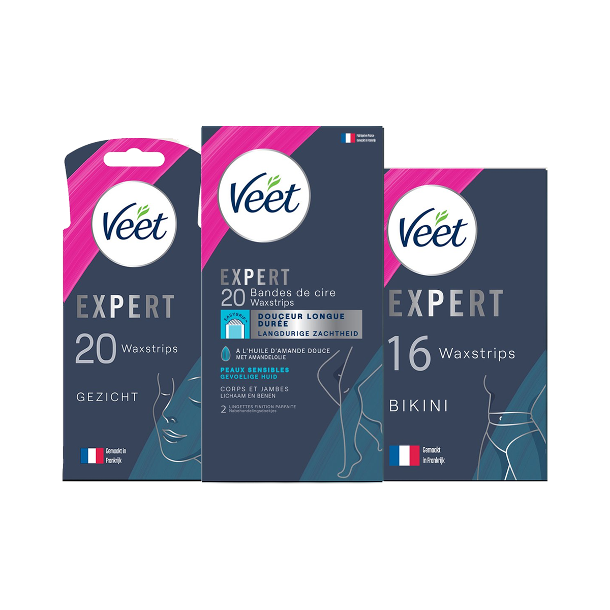 Veet - Expert - Gevoelige huid - Ontharingsstrips Benen (sensitive) 20st - Ontharingsstrips Bikini 16st - Ontharingsstrips Gezicht 20st