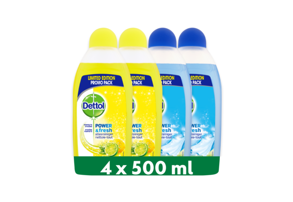 Dettol - 2L Allesreiniger Power & Fresh - Citrus 1x500ml - Katoenfris 1x500ml - Voordeelverpakking