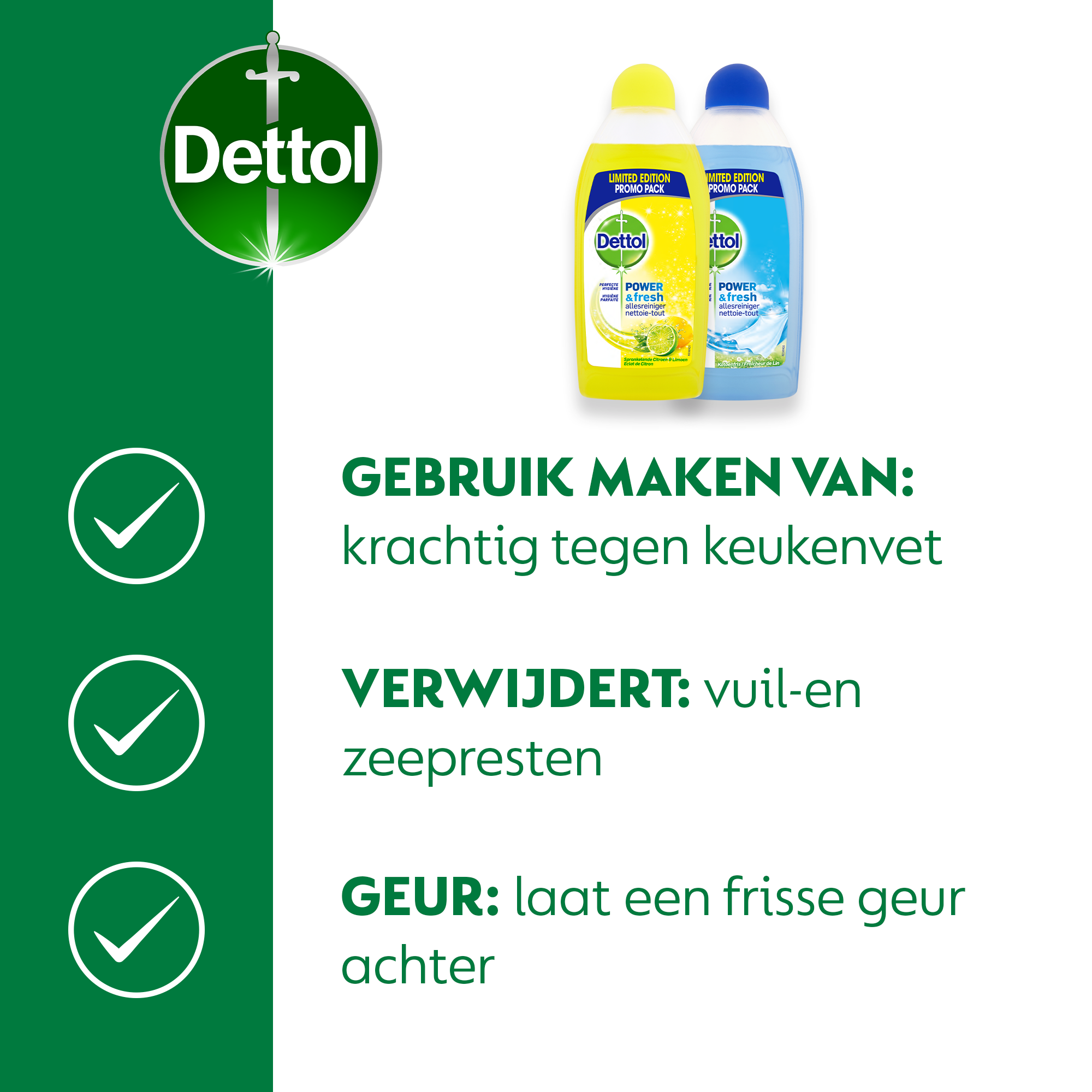 Dettol - 2L Allesreiniger Power & Fresh - Citrus 1x500ml - Katoenfris 1x500ml - Voordeelverpakking