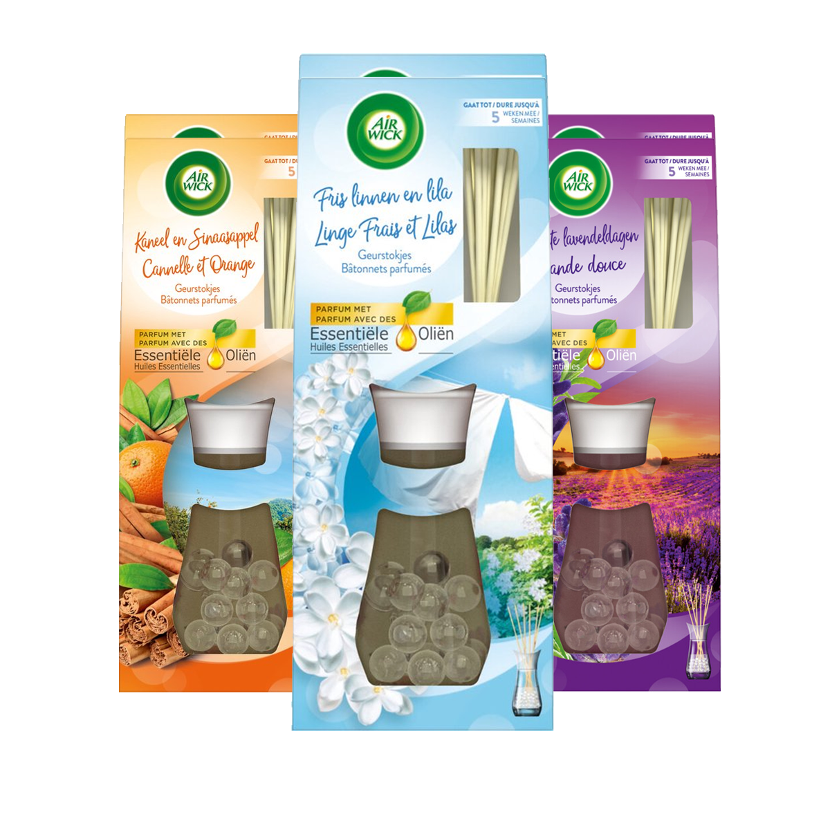 Air Wick - Reeds Essential Oils - Lavender & Cinnamon & Orange & Soft Cotton -  33ML x 6 - Voordeelverpakking