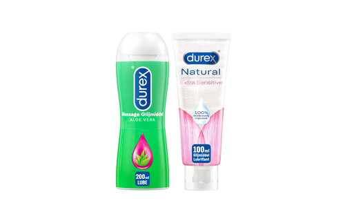 Durex - 2 Glijmiddelen - Voor Comfort En Genot - Waterbasis - Natural Extra Sensitive Glijmiddel 100ml - Massage Aloe Vera 2/1 200ml