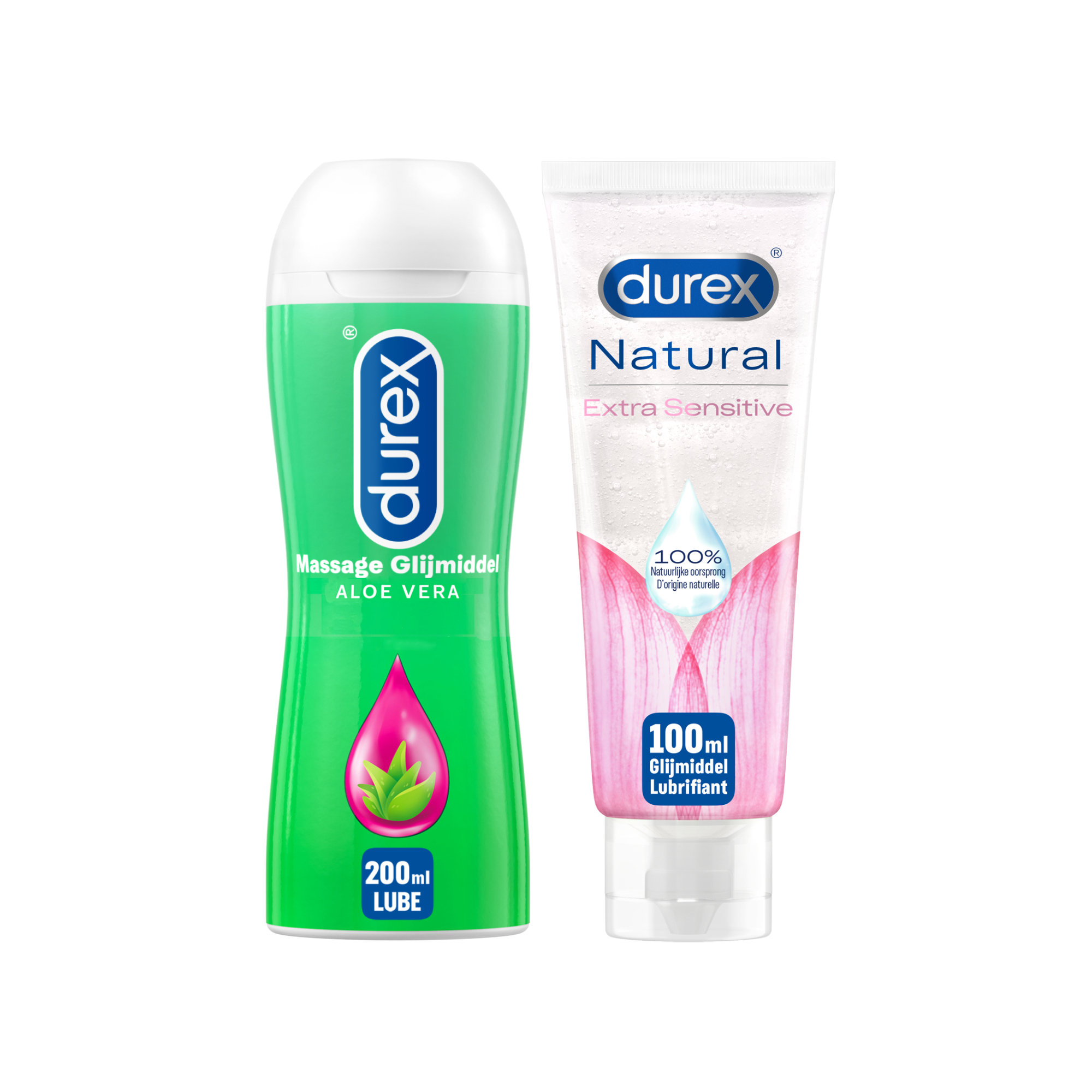 Durex - 2 Glijmiddelen - Voor Comfort En Genot - Waterbasis - Natural Extra Sensitive Glijmiddel 100ml - Massage Aloe Vera 2/1 200ml