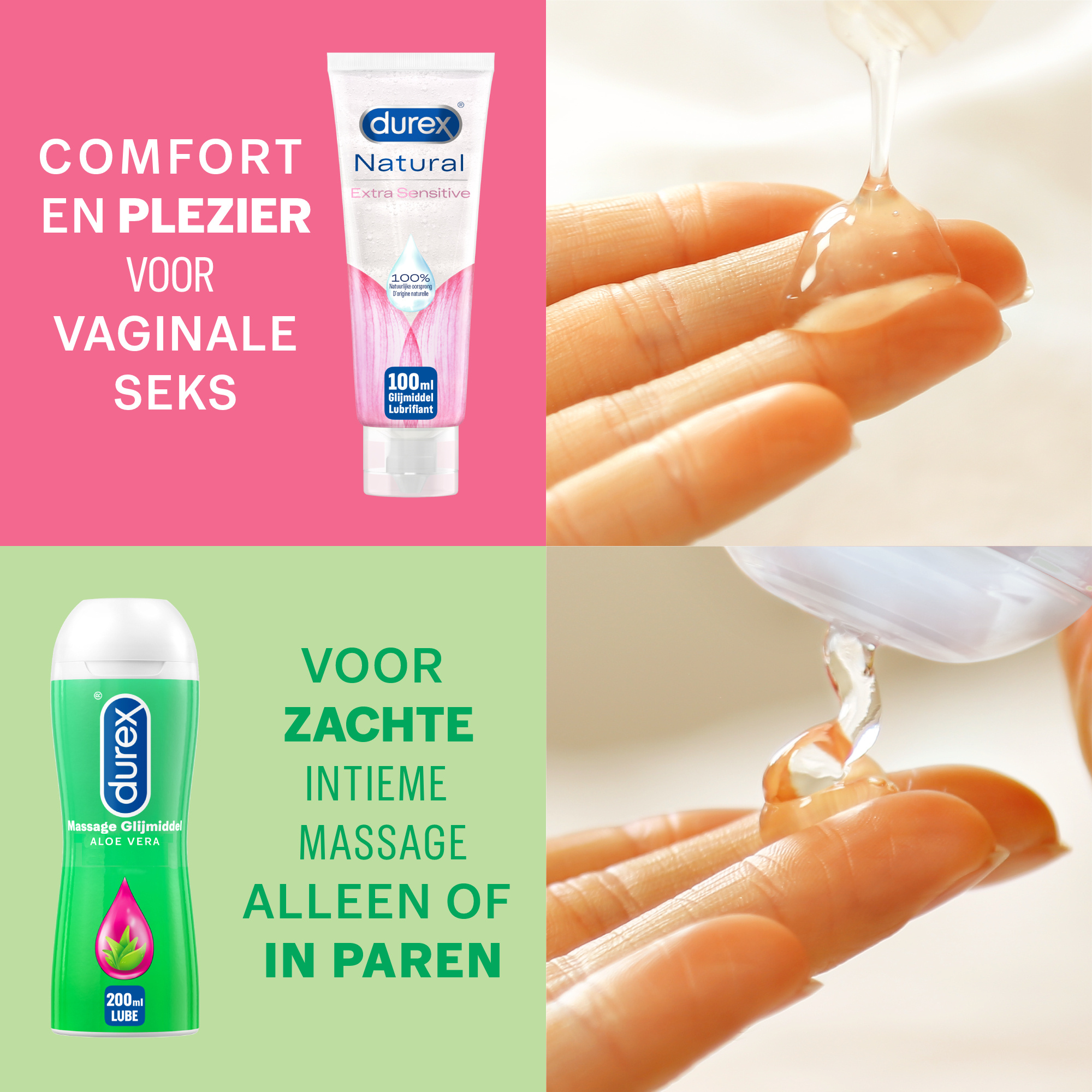 Durex - 2 Glijmiddelen - Voor Comfort En Genot - Waterbasis - Natural Extra Sensitive Glijmiddel 100ml - Massage Aloe Vera 2/1 200ml