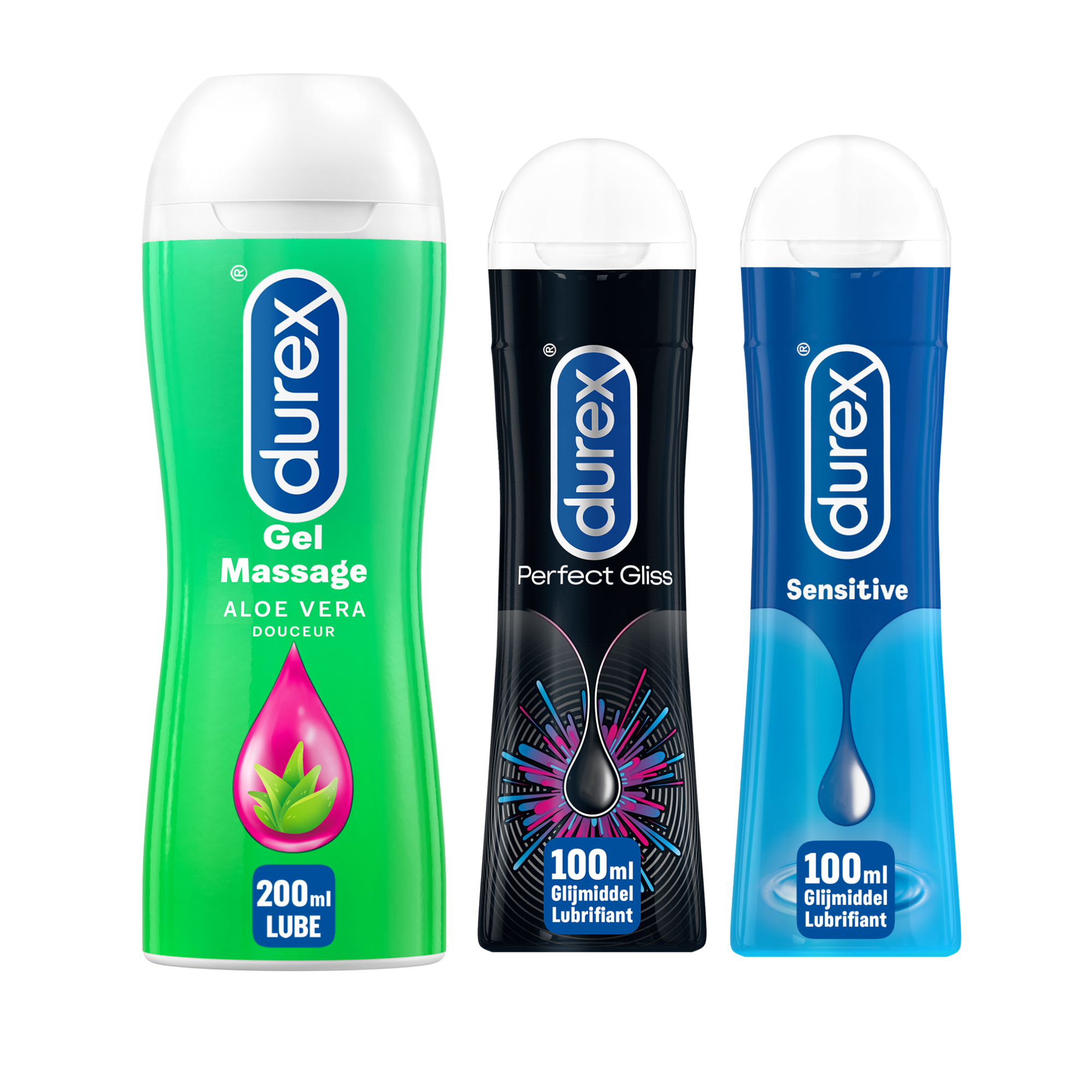 Durex - 3 Glijmiddelen - Play Massage 2/1 Aloe 200ML - Perfect Gel Gliss 100ML - Play Sensitive Gel 100ML