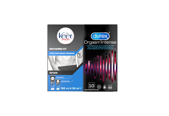 Veet Men x Durex - Ontharingskit voor Intieme Delen - 100ml Ontharingscrème + 50ml Aftercare balsem - Condooms - 10 stuks - Orgasm Intense - Voordeelverpakking