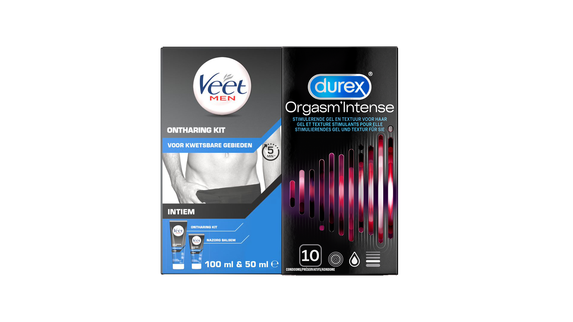 Veet Men x Durex - Ontharingskit voor Intieme Delen - 100ml Ontharingscrème + 50ml Aftercare balsem - Condooms - 10 stuks - Orgasm Intense - Voordeelverpakking