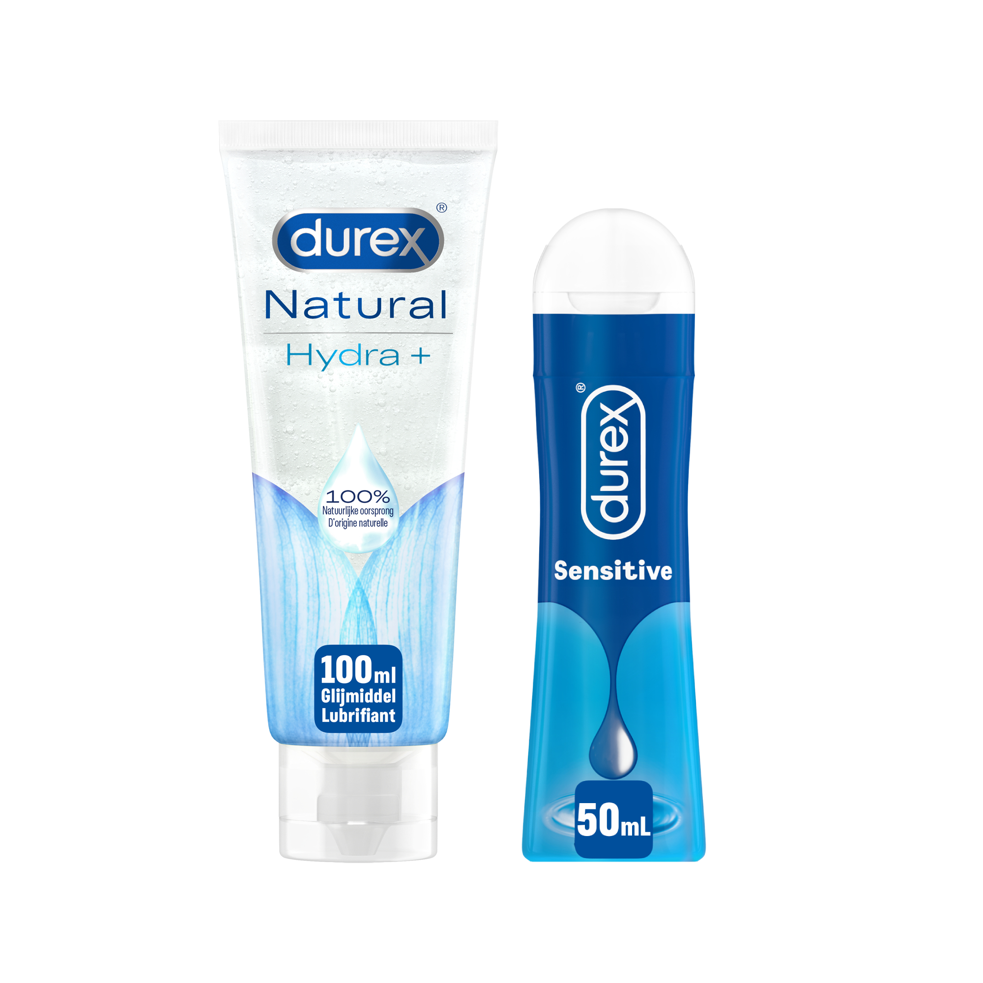 Durex - 2 Glijmiddelen Waterbasis voor comfort - Natural Hydratant 100% Natuurlijk Glijmiddel 100ML - Sensitive Glijmiddel 50ML