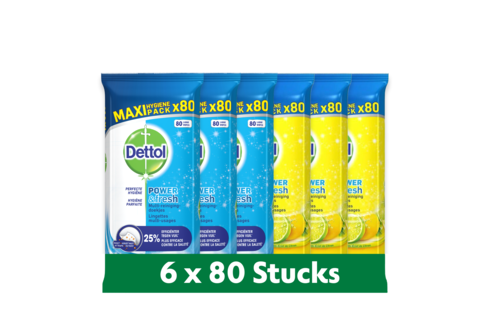 Dettol - 480 Schoonmaakdoekjes Power & Fresh - Oceaan 3x80 stuks - Citrus 3x80 stuks - Voordeelverpakking