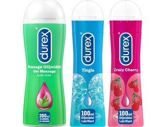 Durex - 3 Glijmiddelen - Voor De Smaak Van Avontuur - Waterbasis - Massage Olie en Glijmiddel 2-in-1 Aloë Vera 200ml - Play Pleassure Gel Tingle 100ml - Crazy Cherry met Smaak 100ml