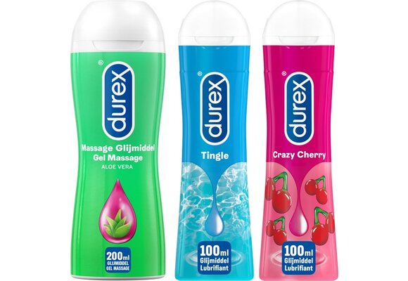 Durex - 3 Glijmiddelen - Voor De Smaak Van Avontuur - Waterbasis - Massage Olie en Glijmiddel 2-in-1 Aloë Vera 200ml - Play Pleassure Gel Tingle 100ml - Crazy Cherry met Smaak 100ml
