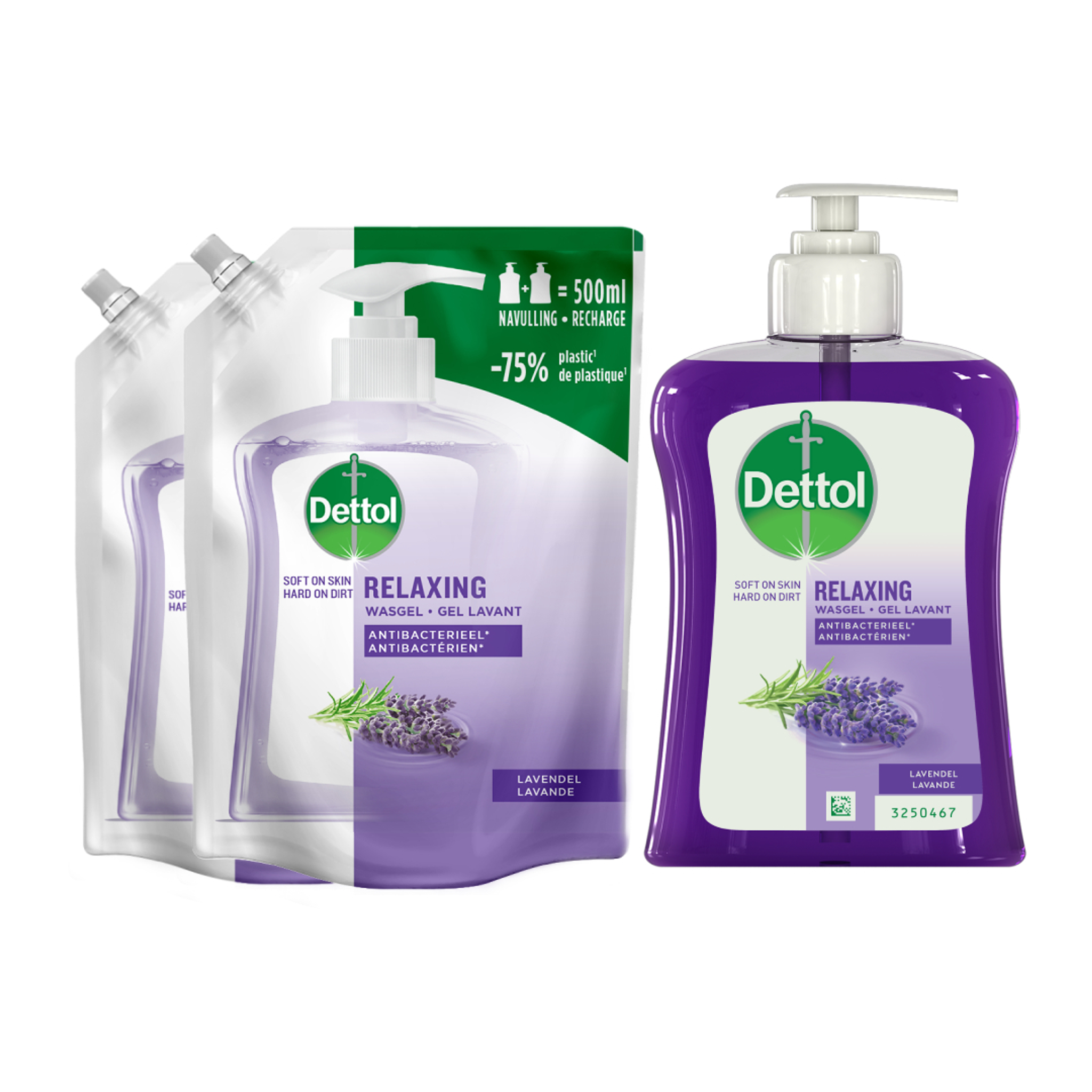 Dettol - Refill Relaxing Lavender 2x500ML - Relaxing Lavender 1x250ML - Voordeelverpakking