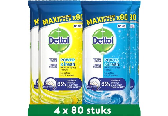 Dettol Schoonmaakdoekjes Power &amp; Fresh - Citrus - 80 stuks x2 + Dettol Schoonmaakdoekjes Power &amp; Fresh - Katoenfris - 80 stuks x2