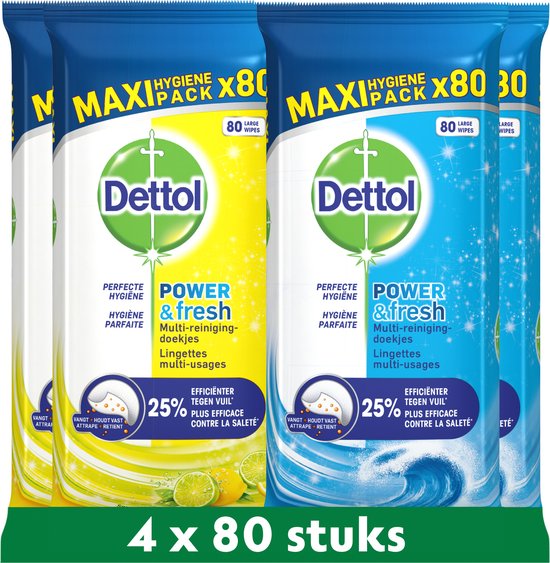 Dettol Schoonmaakdoekjes Power & Fresh - Citrus - 80 stuks x2 + Dettol Schoonmaakdoekjes Power & Fresh - Katoenfris - 80 stuks x2
