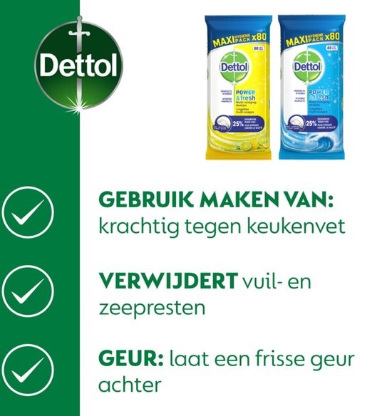 Dettol Schoonmaakdoekjes Power & Fresh - Citrus - 80 stuks x2 + Dettol Schoonmaakdoekjes Power & Fresh - Katoenfris - 80 stuks x2