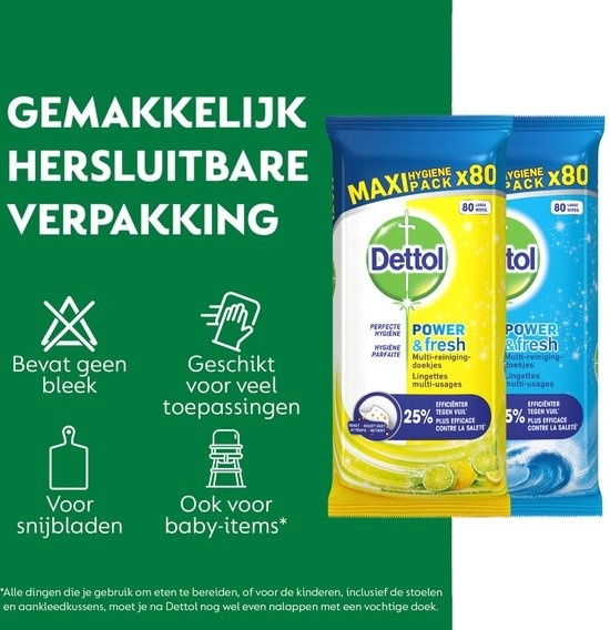 Dettol Schoonmaakdoekjes Power & Fresh - Citrus - 80 stuks x2 + Dettol Schoonmaakdoekjes Power & Fresh - Katoenfris - 80 stuks x2