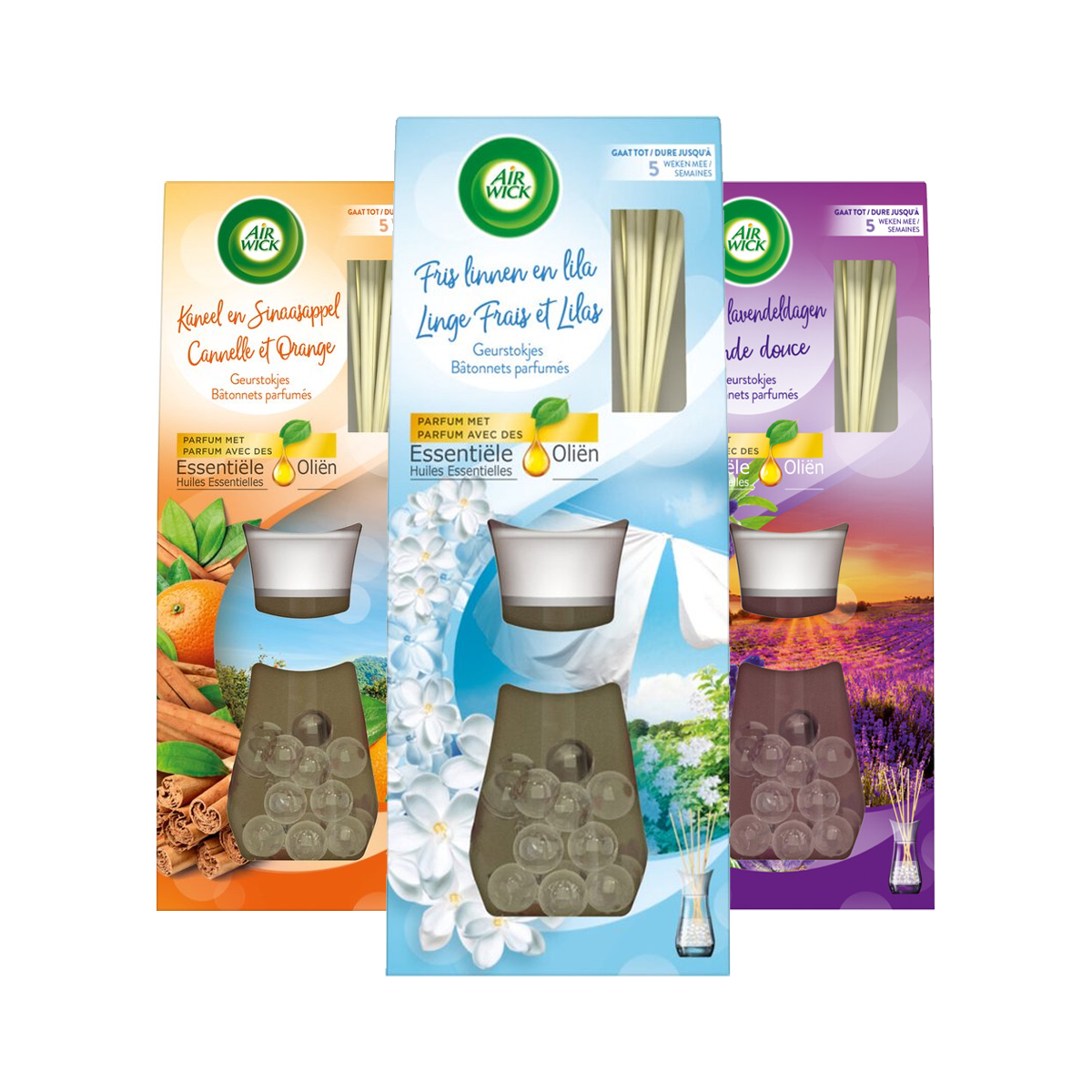 Air Wick - Reeds Essential Oils - Lavender & Cinnamon & Orange & Soft Cotton -  33ML x 3 - Voordeelverpakking