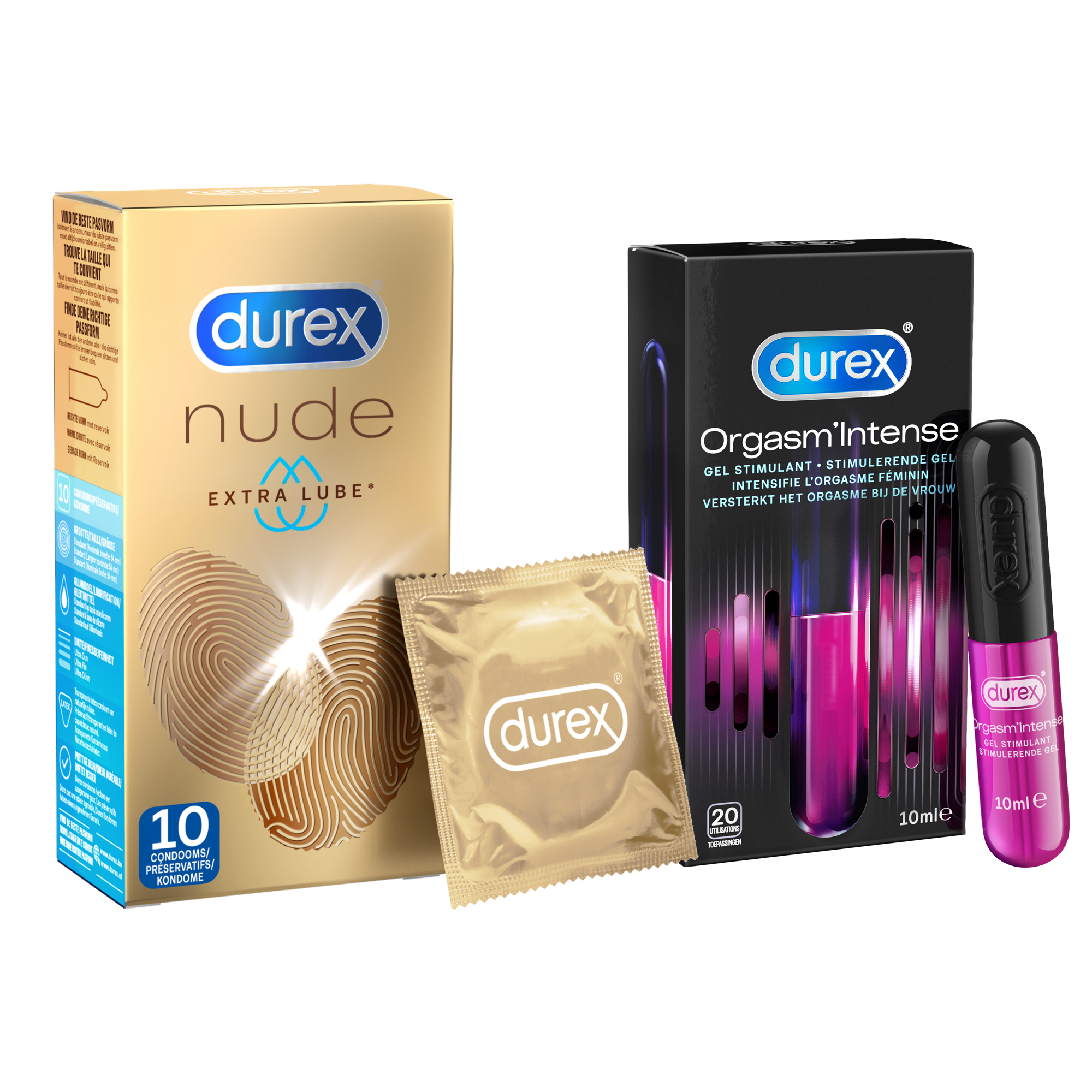 Durex - 20 Condooms - Nude Extra Lube 10st - Orgasm Intense  Stimulerende Gel 10st