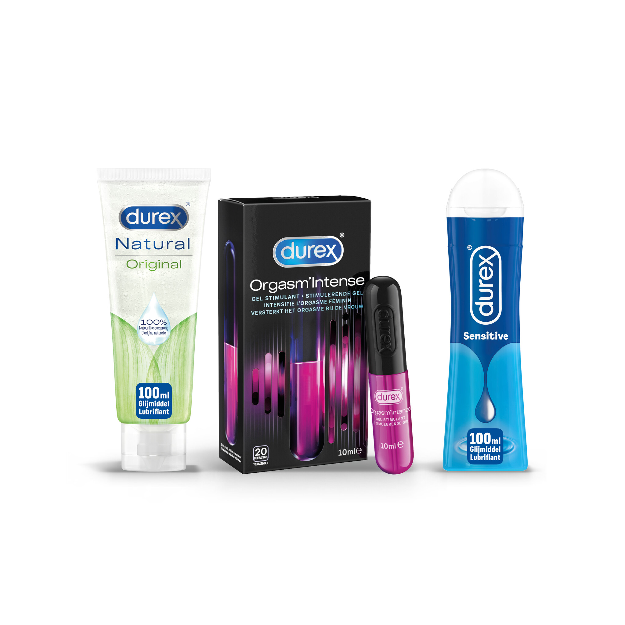 Durex - 210ml Glijmiddel - Nature Hydratant 1x100ml - Intense Orgasm 1x10ml - Play Sensitive 1x100ml - Voordeelverpakking