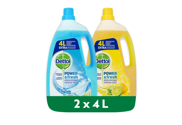 Dettol - 8L Allesreiniger Power & Fresh - 4L Citrus en 4L Katoenfris - Voordeelverpakking