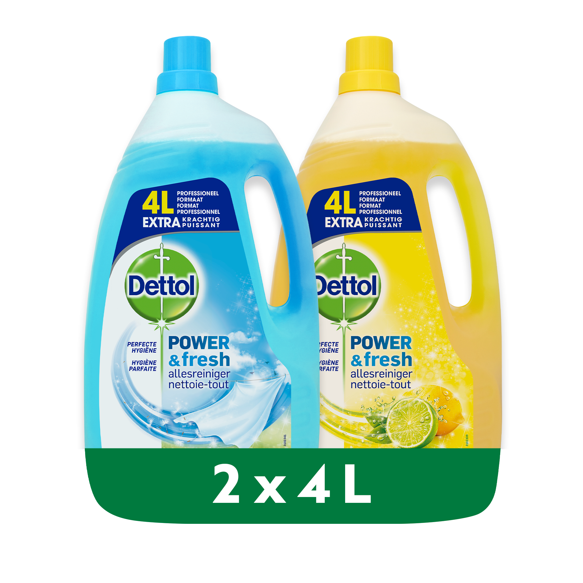 Dettol - 8L Allesreiniger Power & Fresh - 4L Citrus en 4L Katoenfris - Voordeelverpakking
