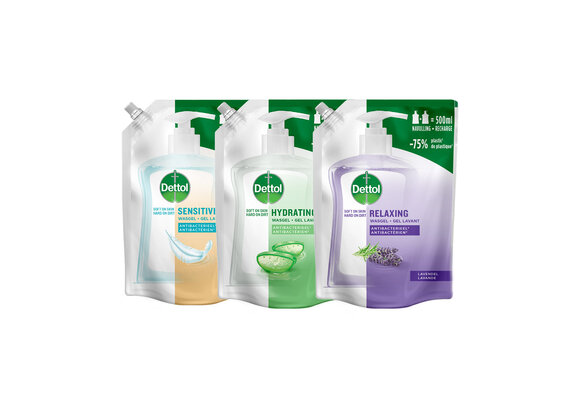 Dettol - 1x Dettol Refill Hydrating Aloe Vera 500ML - 1 x Dettol Refill Sensitive 500ML  - 1x Dettol Refill Relaxing Lavender 500ML - Voordeelpakket