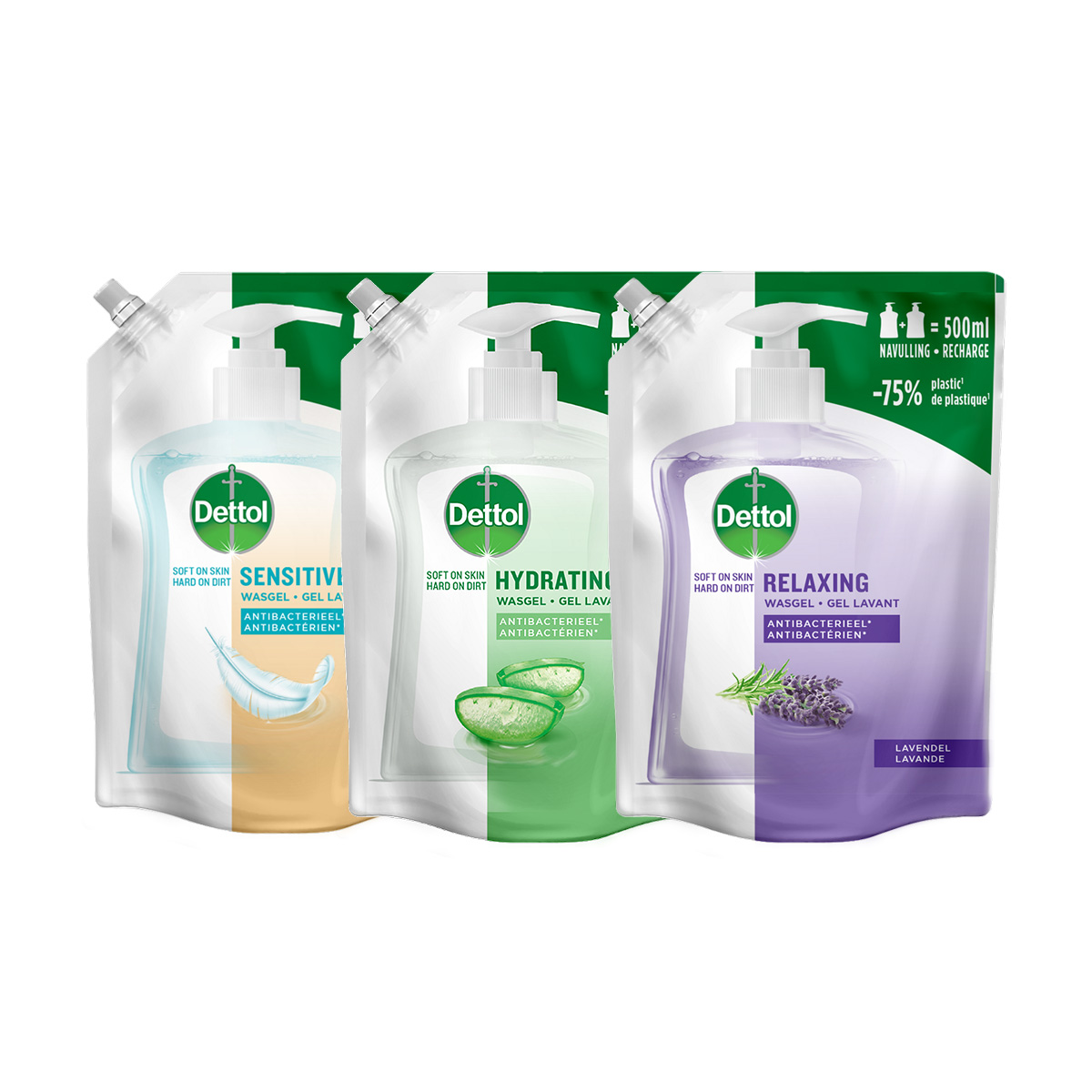 Dettol - 1x Dettol Refill Hydrating Aloe Vera 500ML - 1 x Dettol Refill Sensitive 500ML - 1x Dettol Refill Relaxing Lavender 500ML - Voordeelpakket