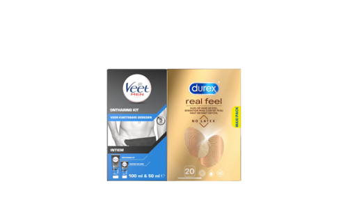 Veet Men x Durex - Ontharingskit voor Intieme Delen - 100ml Ontharingscrème + 50ml Aftercare balsem - Condooms - 20 stuks - Nude No Latex - Voordeelverpakking