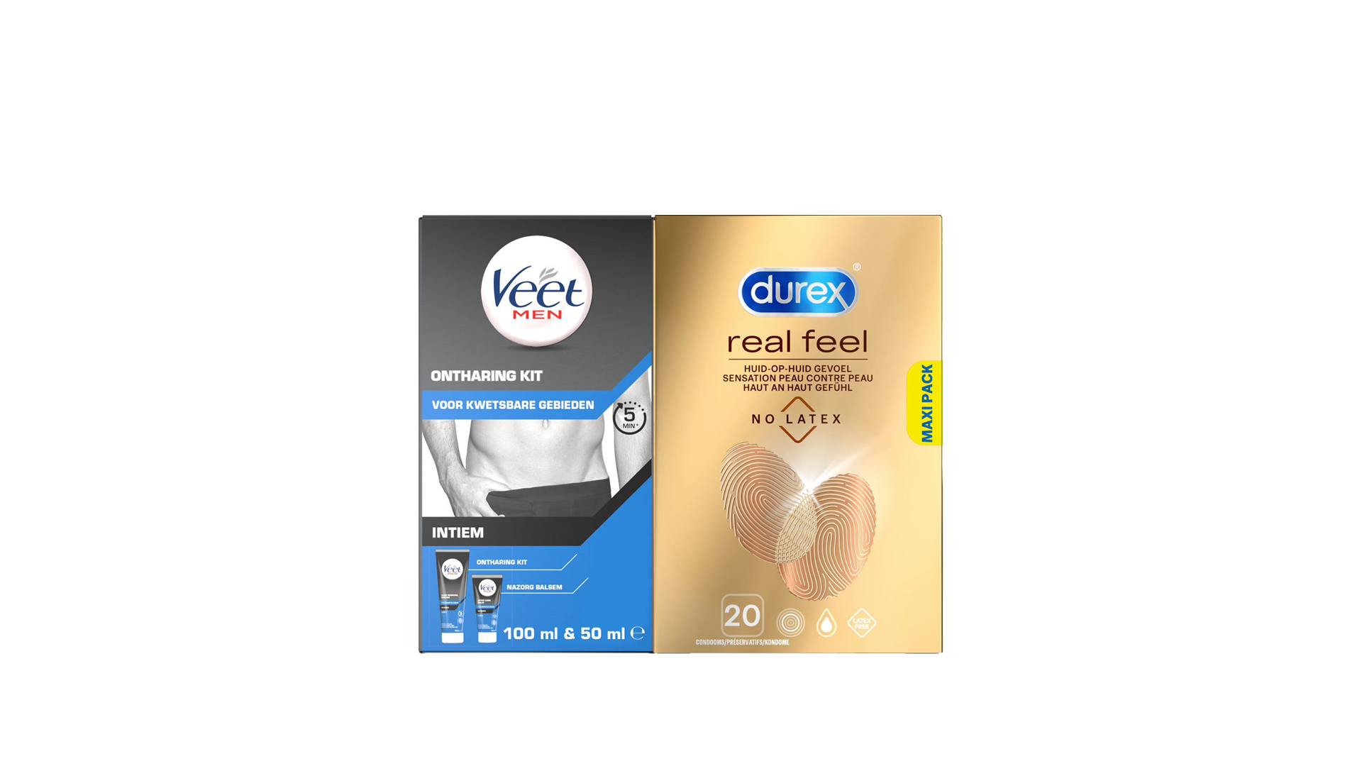 Veet Men x Durex - Ontharingskit voor Intieme Delen - 100ml Ontharingscrème + 50ml Aftercare balsem - Condooms - 20 stuks - Nude No Latex - Voordeelverpakking