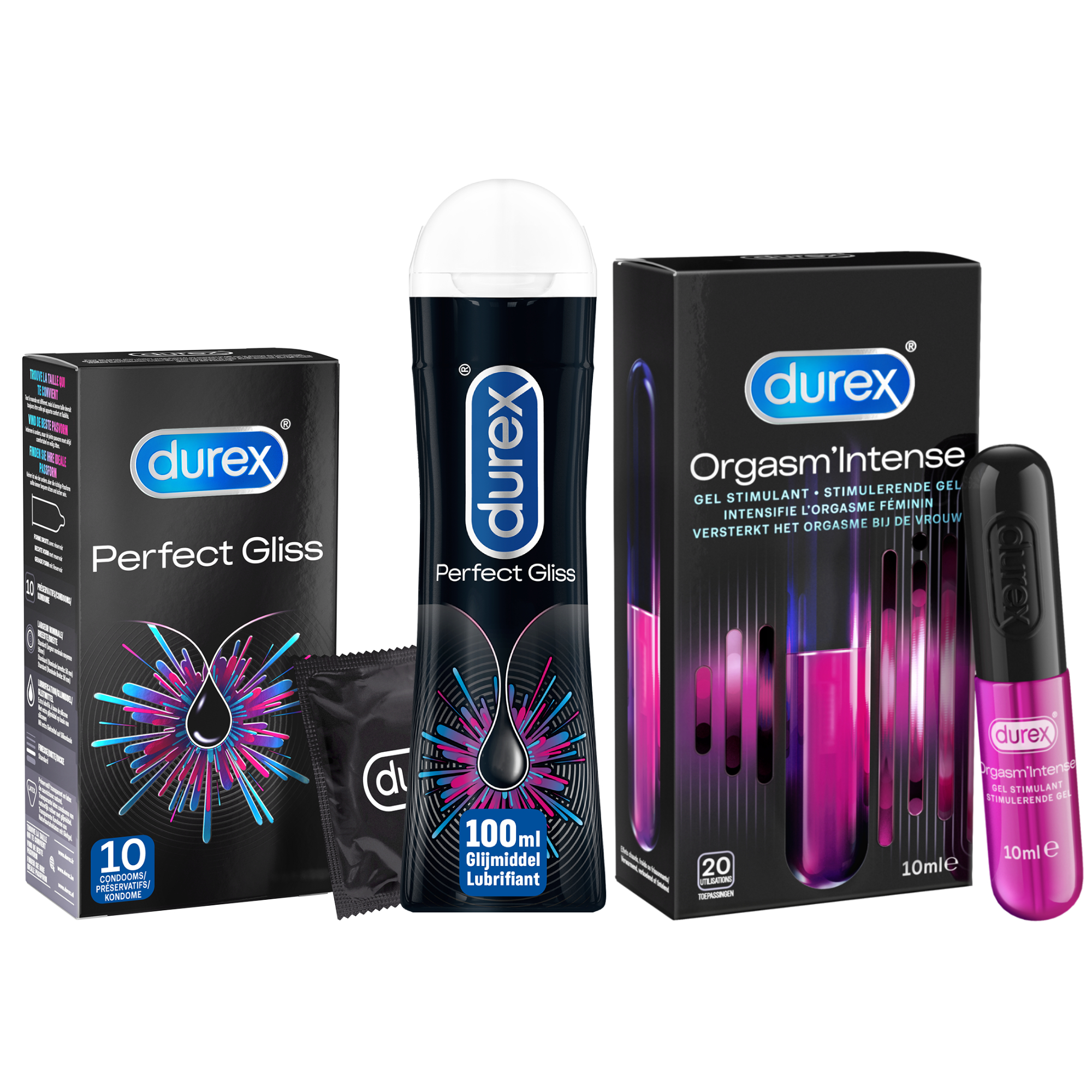 Durex - 110ml Glijmiddel - Perfect Gliss 1x100ml - Intense Orgasm 1x10ml - 10 stuks Condooms - Perfect Gliss 1x10 stuks - Voordeelverpakking