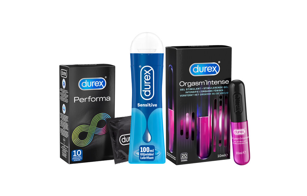 Durex - 10 stuks Condooms - Performa - 110 ml Glijmiddel - Intense Orgasm 10ml - Play Sensitive 100ml - Voordeelverpakking