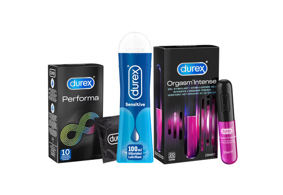 Durex - 10 stuks Condooms - Performa - 110 ml Glijmiddel - Intense Orgasm 10ml - Play Sensitive 100ml - Voordeelverpakking