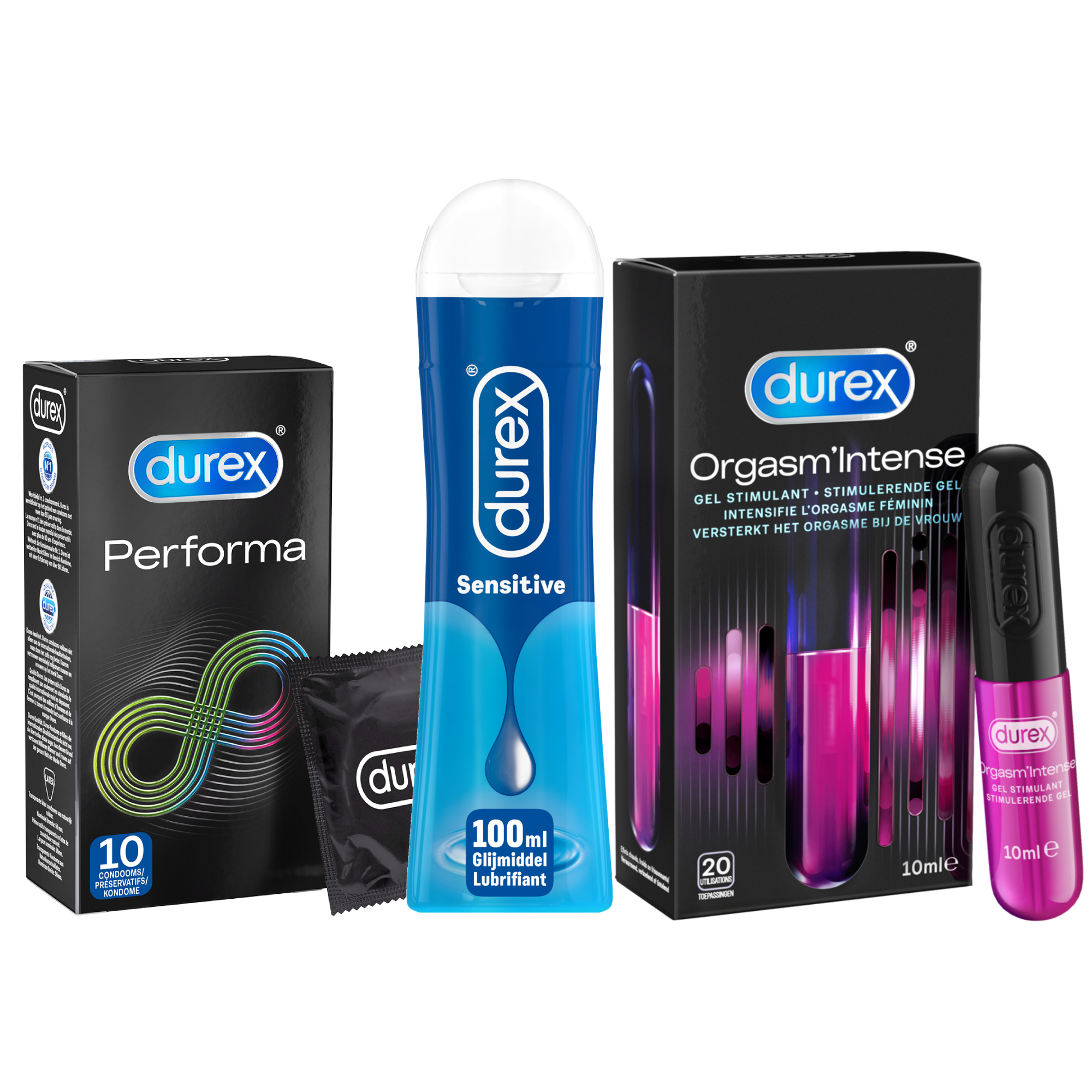 Durex - 10 stuks Condooms - Performa - 110 ml Glijmiddel - Intense Orgasm 10ml - Play Sensitive 100ml - Voordeelverpakking