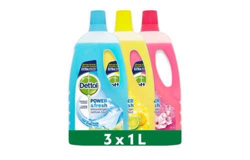Dettol - 3L Allesreiniger Power & Fresh - Katoenfris 1x1L - Citrus 1x1L - Kersenbloesem 1x1L - Voordeelverpakking