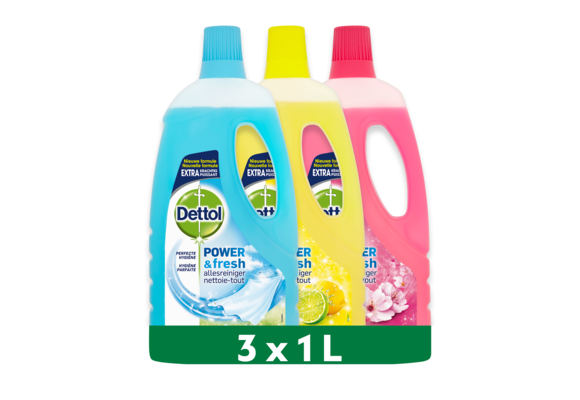 Dettol - 3L Allesreiniger Power &amp; Fresh - Katoenfris 1x1L - Citrus 1x1L - Kersenbloesem 1x1L - Voordeelverpakking