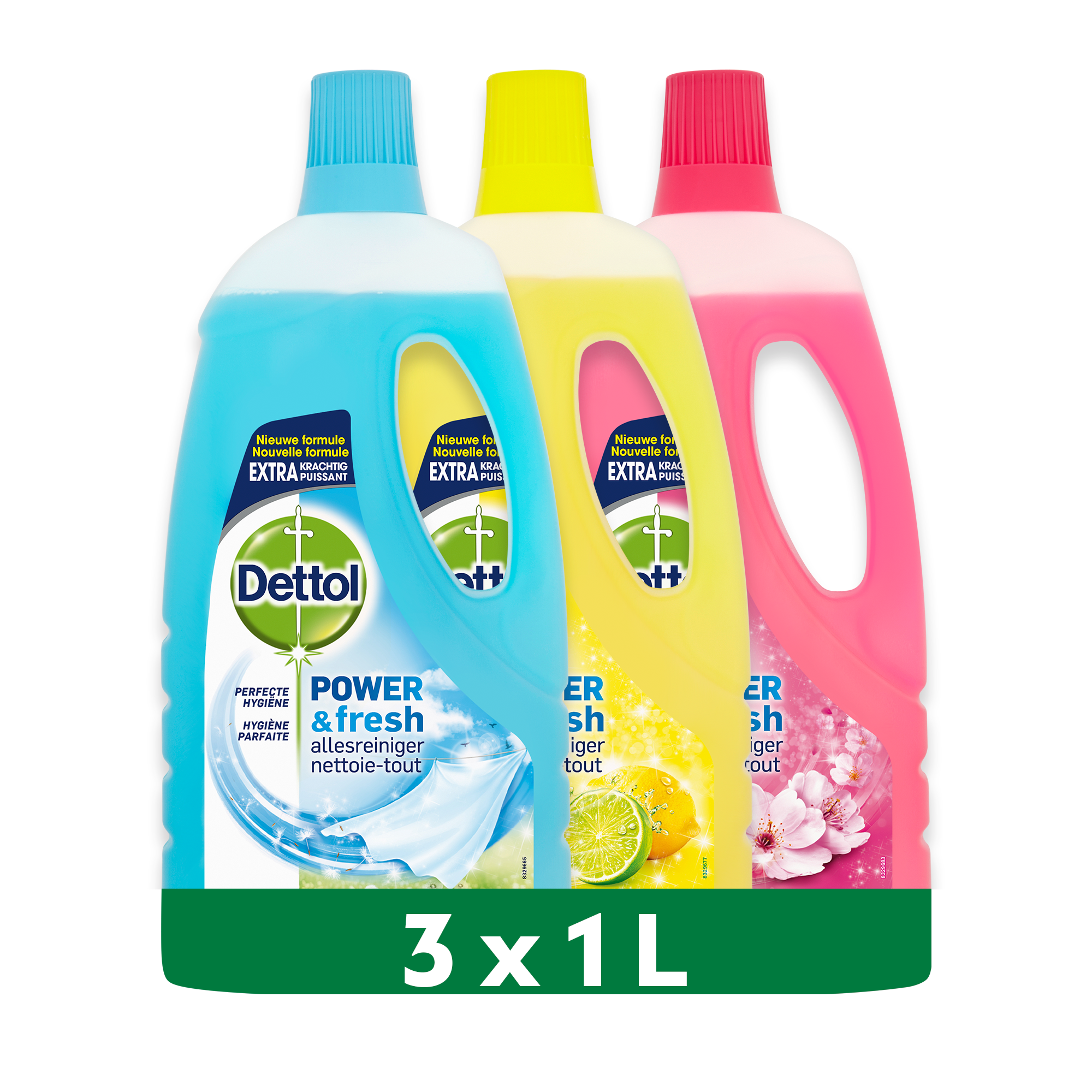 Dettol - 3L Allesreiniger Power & Fresh - Katoenfris 1x1L - Citrus 1x1L - Kersenbloesem 1x1L - Voordeelverpakking