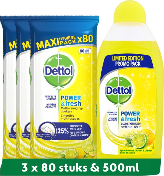 Dettol - 500ml Allesreiniger Power & Fresh - Citrus & 240 Schoonmaakdoekjes Power & Fresh - Citrus