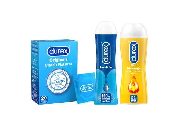 Durex - 300ml Glijmiddel - Play Massage 2/1 Sensitive 200ml - Sensitive Gel 100ml - 20 stuks Condooms - Classic Natural - Voordeelverpakking